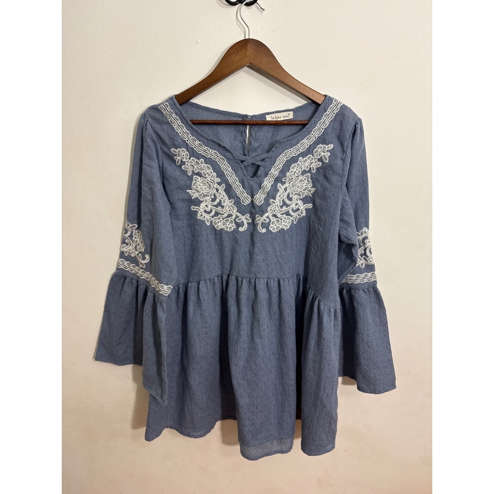 Indigo Soul Peasant Top Womens XL Blue Embroidered Bell Sleeve Babydoll Tunic